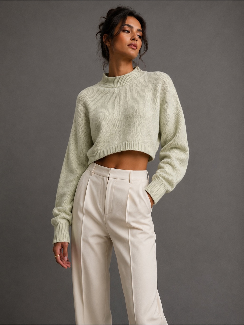 H&M Cropped Mock Neck Sweater in Light Sage